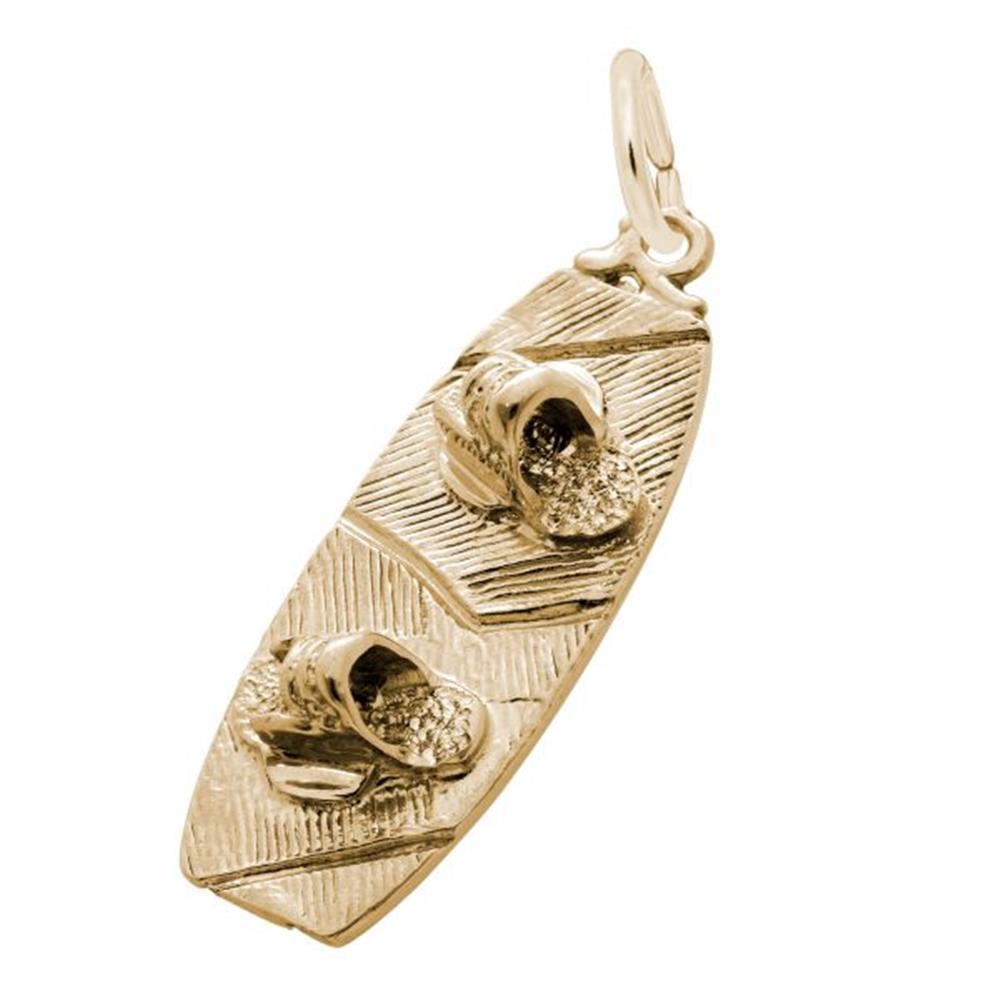 Rembrandt Charms' Wakeboard - Gold Plated Charm is intricately designed with two small sandals on top, featuring detailed textures and a loop at the top for easy attachment to a necklace or bracelet.