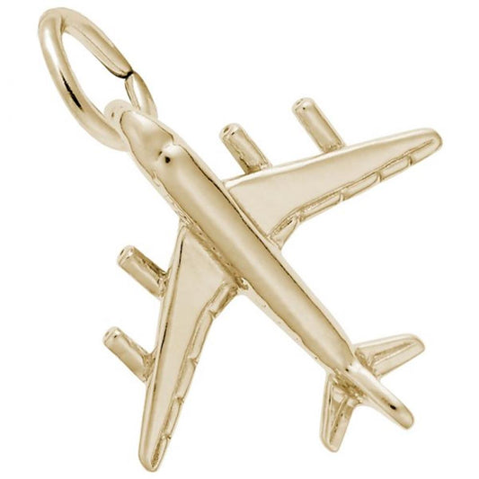 The Rembrandt Charms DC 8-77 Airplane Charm, crafted from gold plated sterling silver, is exquisitely shaped with smooth surfaces and detailed wings, tail, and engines. This elegant pendant attaches to a small circular loop at the top for wearing as jewelry.