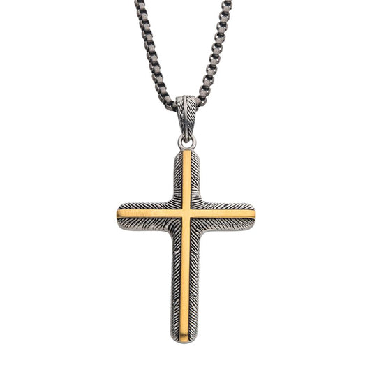 The INOX 18K Gold Plated Inlay & Gun Metal Plated Cross Pendant, suspended from a dark beaded 24" chain, features a metallic cross-shaped design with a textured surface. The intricate 18K gold-plated vertical and horizontal lines at the center enhance its striking appearance, making this men's cross necklace a standout accessory.