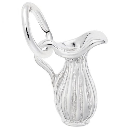 The Rembrandt Charms Pitcher Charm in sterling silver is a delicate, small piece featuring a curved handle and vertical grooves design. It boasts a raised rim and is attached to a circular loop, making it an ideal addition to necklaces or bracelets.