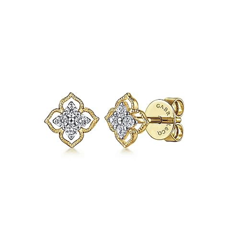 14K Yellow Gold Floral Diamond Stud Earrings