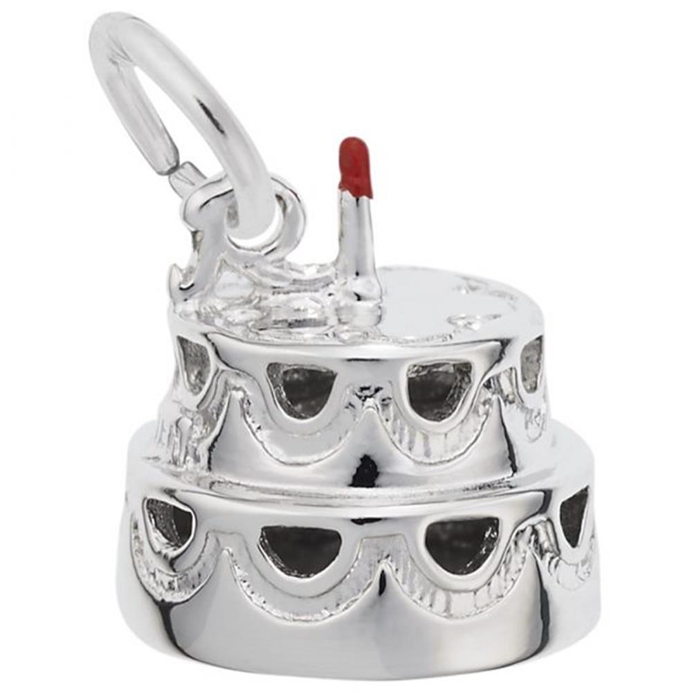The Rembrandt Charms Cake Charm, crafted from sterling silver, features a two-tiered cake adorned with a small red candle on top. Intricately decorated with scalloped designs and equipped with a loop for attaching to a bracelet or necklace, this charm is perfect for commemorating special celebrations.