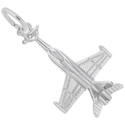 A Fighter Jet Charm in sterling silver from Rembrandt Charms is displayed in this image. The charm boasts detailed wings and tail, a streamlined body, and a loop at the top for wearing on a bracelet or necklace. The background is plain white.
