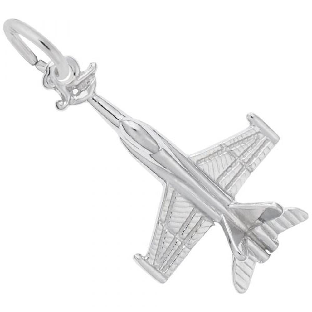 A Fighter Jet Charm in sterling silver from Rembrandt Charms is displayed in this image. The charm boasts detailed wings and tail, a streamlined body, and a loop at the top for wearing on a bracelet or necklace. The background is plain white.