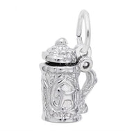 A close-up image shows the German Stein Charm from Rembrandt Charms, crafted in sterling silver and intricately designed with a hinged lid. This small, detailed charm features a handle and ornate patterns on the body, complete with a circular loop on top for attaching to a bracelet or necklace.