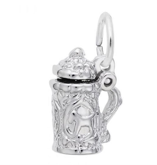 A close-up image shows the German Stein Charm from Rembrandt Charms, crafted in sterling silver and intricately designed with a hinged lid. This small, detailed charm features a handle and ornate patterns on the body, complete with a circular loop on top for attaching to a bracelet or necklace.