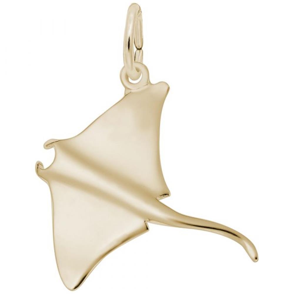 The Manta Ray Gold Plated Charm by Rembrandt Charms is a truly enchanting piece, featuring outstretched wings and a long, curved tail. It also includes a small loop at the top for easy attachment to a chain or bracelet.