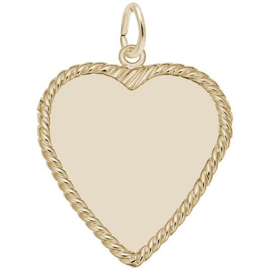 A gold-plated sterling silver heart-shaped pendant from Rembrandt Charms, featuring a smooth, reflective surface and a twisted rope-like border. This Large Classic Rope Heart Charm has a small loop at the top for attaching to a necklace or bracelet.