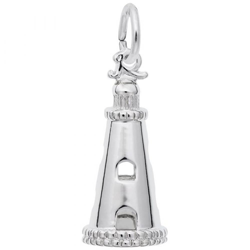 This Rembrandt Charms Lighthouse Charm in Sterling Silver showcases a detailed design, complete with windows and a curved base. The charm includes a loop at the top for easy attachment to a chain and features a polished, reflective finish.