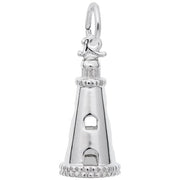 This Rembrandt Charms Lighthouse Charm in Sterling Silver showcases a detailed design, complete with windows and a curved base. The charm includes a loop at the top for easy attachment to a chain and features a polished, reflective finish.