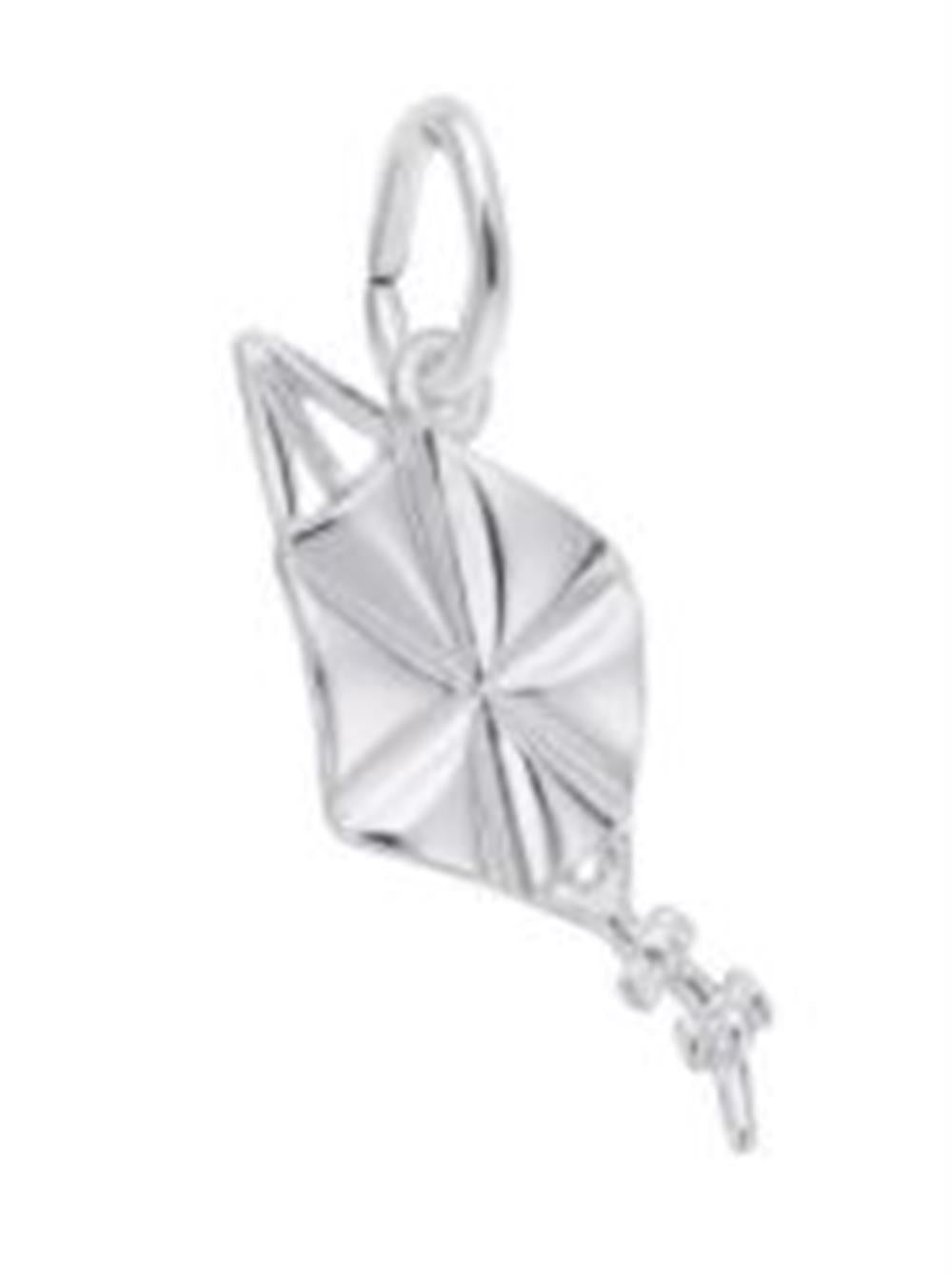 The Rembrandt Charms Kite Charm in Sterling Silver features a detailed, kite-shaped pendant with a small tail, attached to a circular loop for hanging. This delicate piece captures the essence of playful elegance.