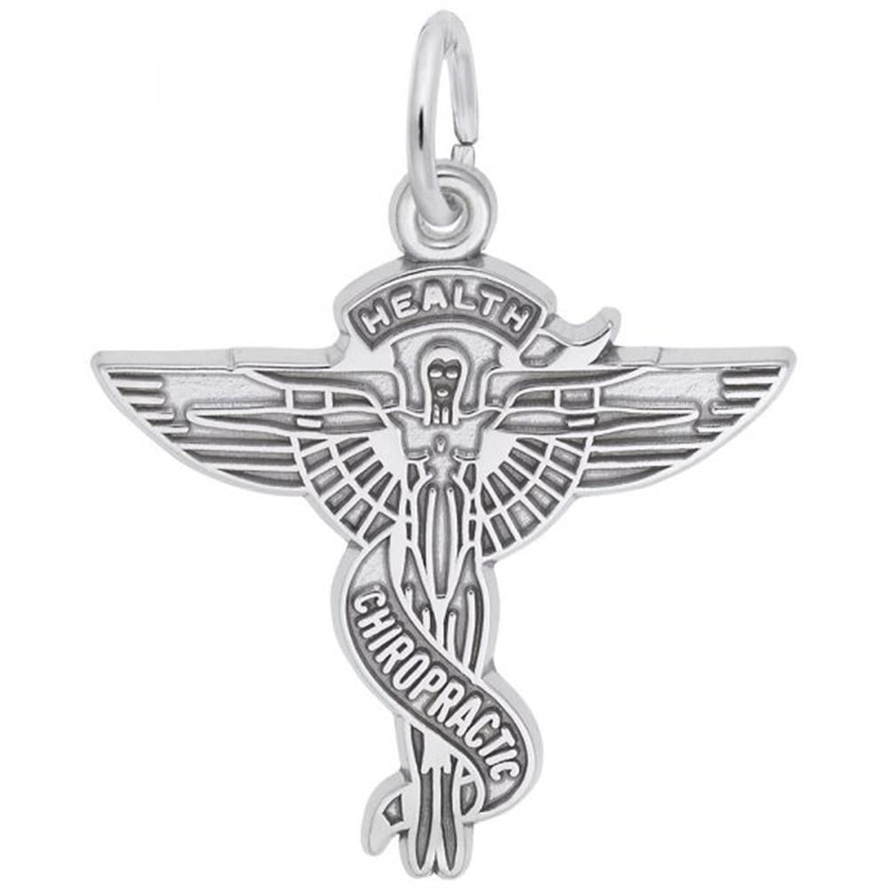A Rembrandt Charms Chiropractor Caduceus Charm in Sterling Silver, featuring a winged staff with two snakes winding around it. The word "HEALTH" is inscribed at the top and "CHIROPRACTIC" runs vertically along the staff, making it a perfect charm for any chiropractor.