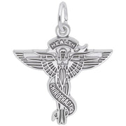 A Rembrandt Charms Chiropractor Caduceus Charm in Sterling Silver, featuring a winged staff with two snakes winding around it. The word "HEALTH" is inscribed at the top and "CHIROPRACTIC" runs vertically along the staff, making it a perfect charm for any chiropractor.
