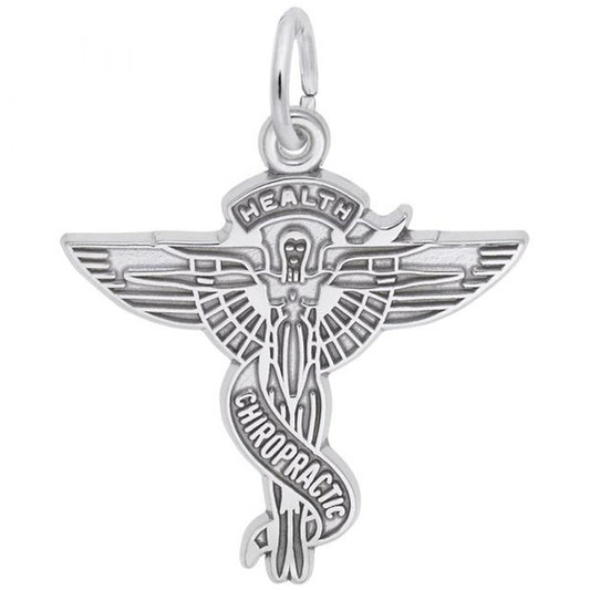 A Rembrandt Charms Chiropractor Caduceus Charm in Sterling Silver, featuring a winged staff with two snakes winding around it. The word "HEALTH" is inscribed at the top and "CHIROPRACTIC" runs vertically along the staff, making it a perfect charm for any chiropractor.