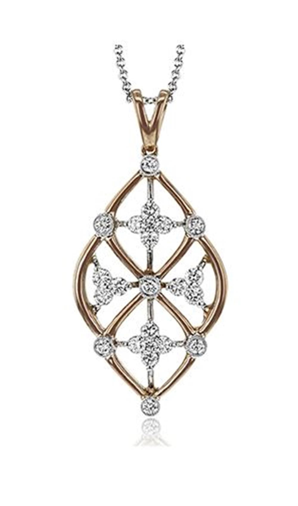 A Simon G. 18K Two-Tone Gold Lacework Diamond Pendant featuring a Simon G lacework design with interconnected diamond shapes and circular diamond accents. The 18K rose and white gold pendant hangs elegantly from a delicate chain.