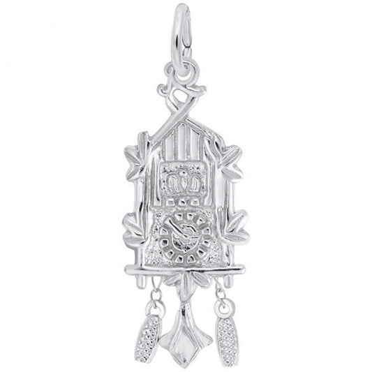 The Cuckoo Clock Charm in Sterling Silver by Rembrandt Charms showcases exquisite details, including a tiny clock face and three hanging pendulums. Perfect for charm collectors, this piece embodies classic elegance.