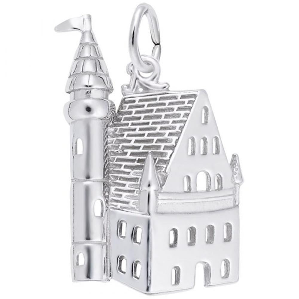 Presenting the Castle Charm in stunning sterling silver by Rembrandt Charms. This intricately designed piece resembles a majestic fortress, featuring a tall, cylindrical turret with a conical roof and flag, as well as a rectangular structure with a pitched roof and multiple windows. A loop at the top allows for easy attachment to any jewelry.