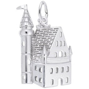 Presenting the Castle Charm in stunning sterling silver by Rembrandt Charms. This intricately designed piece resembles a majestic fortress, featuring a tall, cylindrical turret with a conical roof and flag, as well as a rectangular structure with a pitched roof and multiple windows. A loop at the top allows for easy attachment to any jewelry.