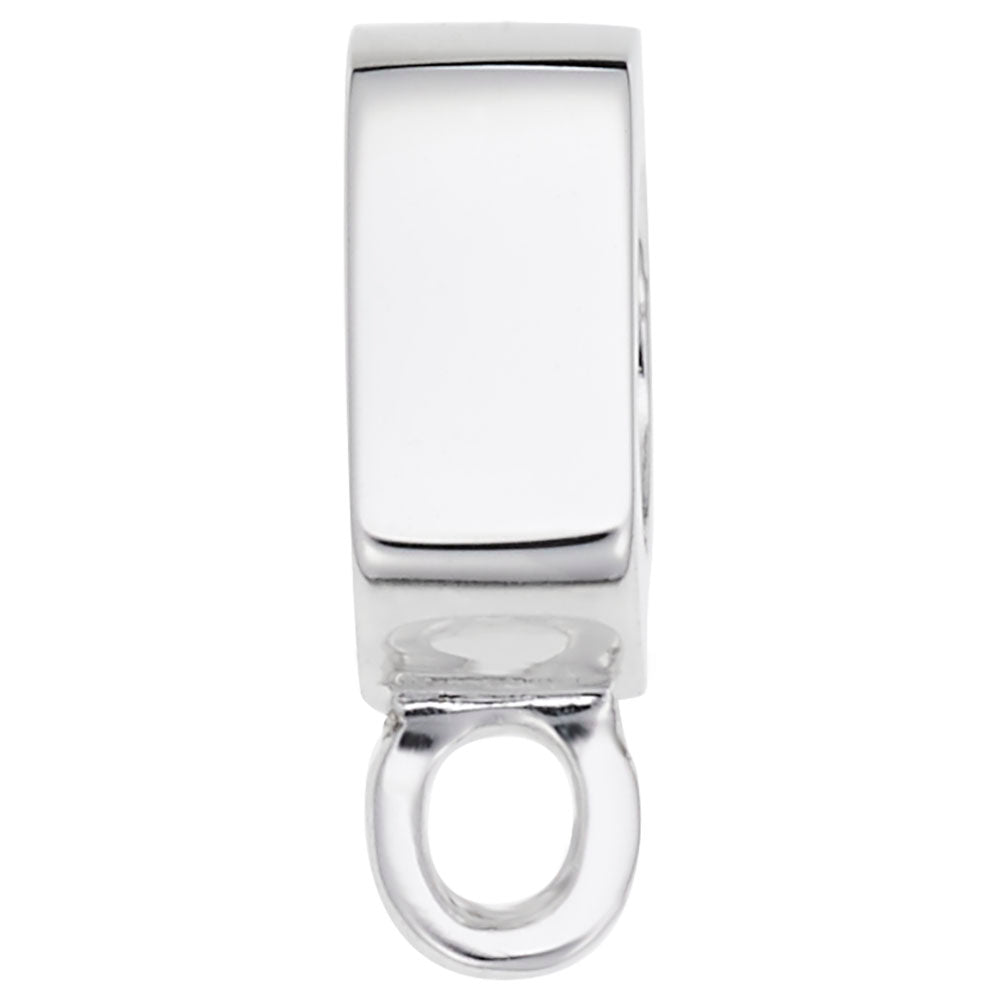 Close-up of a shiny Flat Front Charm Adapter in sterling silver by Rembrandt Charms, featuring a smooth rhodium plated surface and an attached circular loop for connecting to a chain or personalized bracelet.