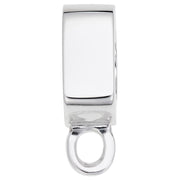 Close-up of a shiny Flat Front Charm Adapter in sterling silver by Rembrandt Charms, featuring a smooth rhodium plated surface and an attached circular loop for connecting to a chain or personalized bracelet.