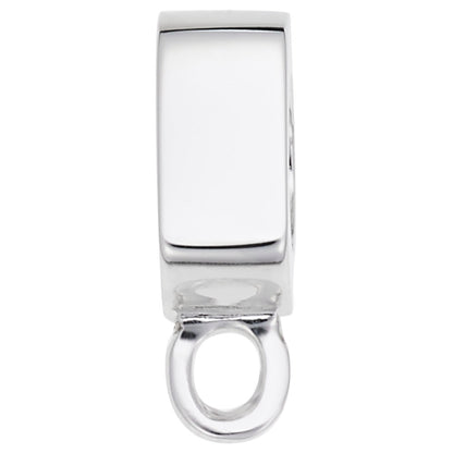 Close-up of a shiny Flat Front Charm Adapter in sterling silver by Rembrandt Charms, featuring a smooth rhodium plated surface and an attached circular loop for connecting to a chain or personalized bracelet.
