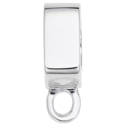 Close-up of a shiny Flat Front Charm Adapter in sterling silver by Rembrandt Charms, featuring a smooth rhodium plated surface and an attached circular loop for connecting to a chain or personalized bracelet.