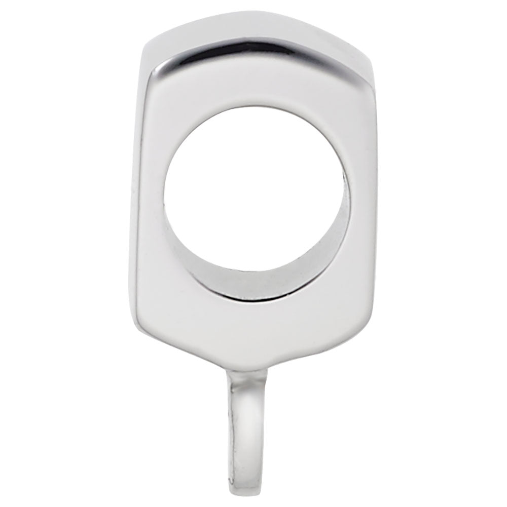 The Rembrandt Charms Flat Front Charm Adapter is a shiny, rhodium-plated sterling silver ring with a rectangular top and large circular center cutout, shown against a plain white background.