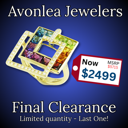 Final Clearance! Bellarri Multi Color Gemstone & Diamond Ring (0.40ct diamonds, 3.90ct gemstones, 14K yellow gold) from the Malibu Nouveau Collection—now $2499 (MSRP $5715). Limited quantity at Avonlea Jewelers!.
