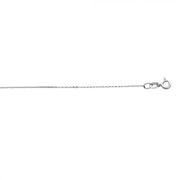 Close-up image of the Sterling Silver 0.6mm Diamond Cut Cable Chain with Lobster Clasp-20 in by Royal Chain Group-Royal Chain, laid out horizontally against a white background. The thin and fine diamond cut cable chain showcases small interlinked loops.