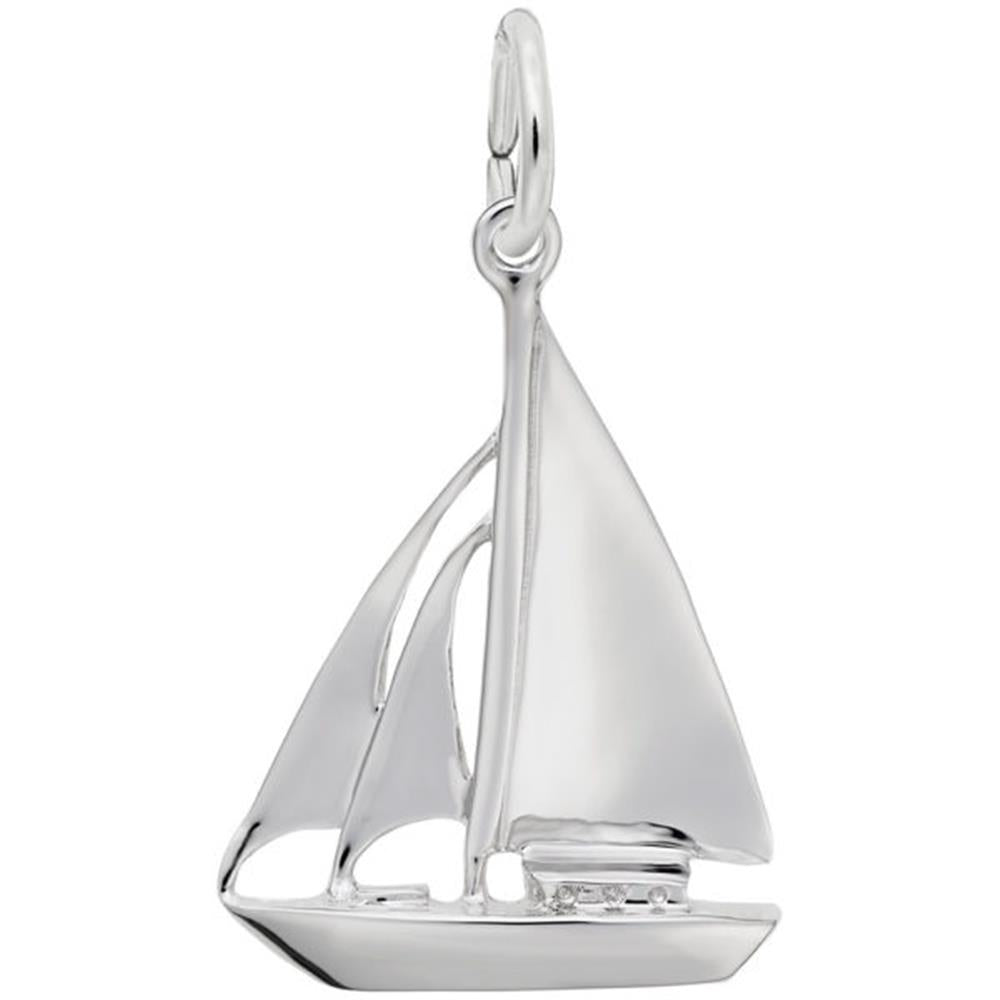 The Rembrandt Charms Sailboat Cutter Charm in sterling silver is shaped like a sleek sailboat, with detailed sails and hull. This minimalist, elegant pendant features a loop at the top for easy attachment to a chain or bracelet.