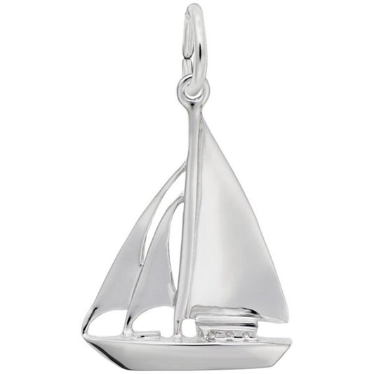 The Rembrandt Charms Sailboat Cutter Charm in sterling silver is shaped like a sleek sailboat, with detailed sails and hull. This minimalist, elegant pendant features a loop at the top for easy attachment to a chain or bracelet.