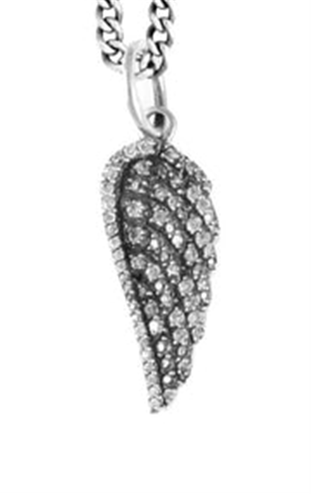 A medium wing pendant from King Baby, encrusted with sparkling gemstones, hangs from a chunky silver chain. The intricate details and shimmering stones give the piece an elegant and eye-catching appearance.