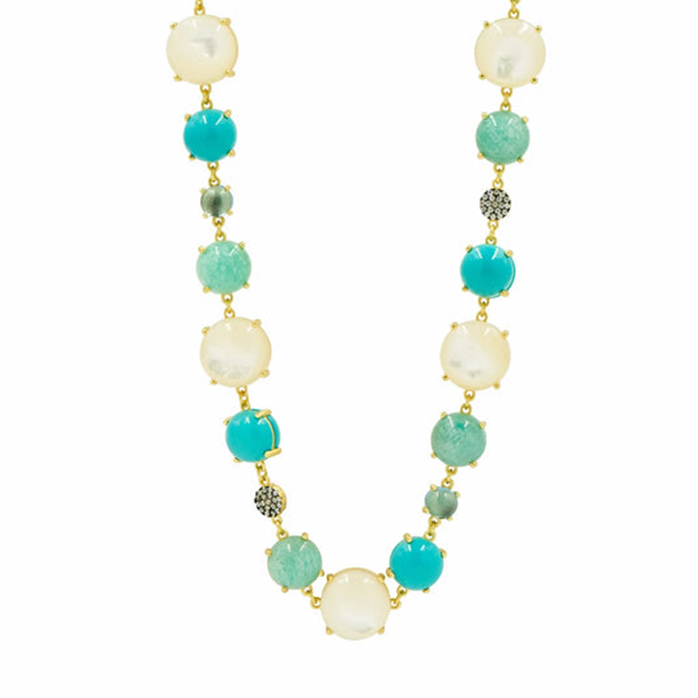 The Multi Stone Long Necklace by Freida Rothman features alternating round blue, turquoise, white, and one dark pavé gemstone beads in a symmetrical design.