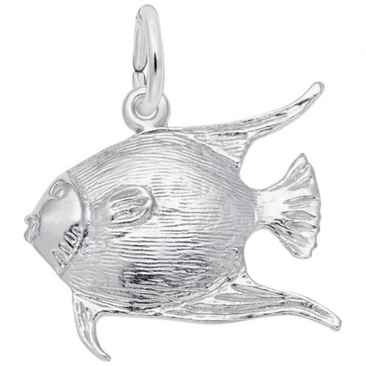 'Sterling silver charm depicting an angelfish with detailed fins and scales. Style 7744, 0.79 in x 0.55 in (20.04 mm x 14.05 mm).'