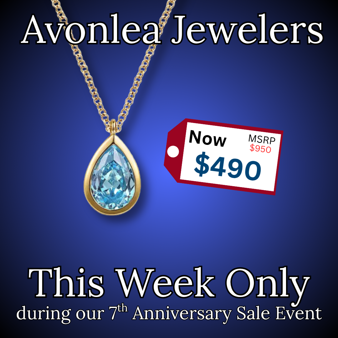 Gabriel & Co 14K Yellow Gold Teardrop Blue Topaz Pendant Necklace featured. Text: "Avonlea Jewelers. This Week Only for our 7th Anniversary Sale." Sale tag: "Now $490" (was $950 MSRP).