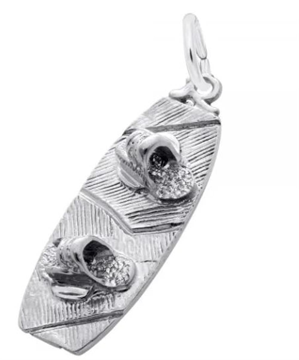 The Wakeboard - Sterling Silver Charm by Rembrandt Charms is exquisitely crafted, featuring two detailed sandal designs in the middle of a sleek wakeboard shape. The textured lines on the wakeboard add depth, and a bail at the top makes it easy to attach to a necklace. This charm perfectly captures the essence of coastal living.