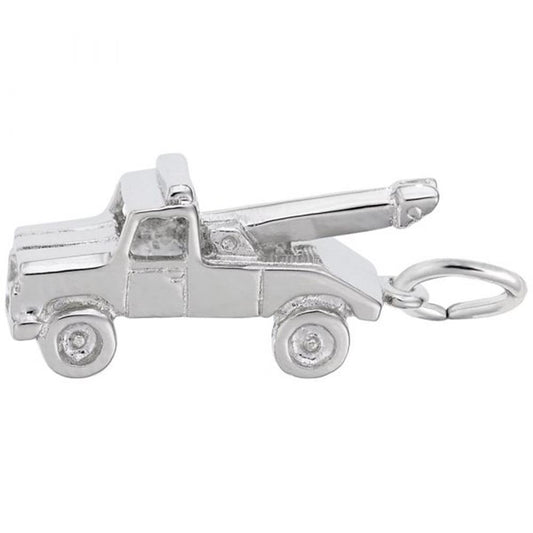 The Rembrandt Charms Tow Truck Charm, crafted from sterling silver, is a keychain designed in the shape of a tow truck. This miniature vehicle showcases intricate details like wheels, windows, and an extending tow arm at the back. The key ring is conveniently attached to the rear of the tow truck charm.