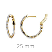 The Lafonn Diamond Hoop Earrings are elegantly showcased with one earring closed and the other open to display the clasp. These stunning sterling silver hoops, encrusted with small simulated diamonds, measure 25 mm at the bottom.