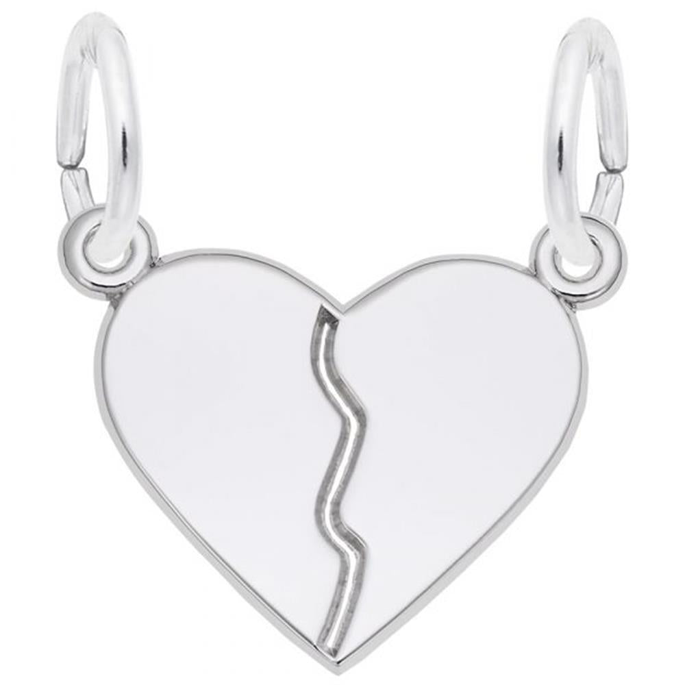 'Sterling silver break apart heart charm with a jagged split down the middle. Style 8357, 0.66 in x 0.6 in (16.76 mm x 15.28 mm).'