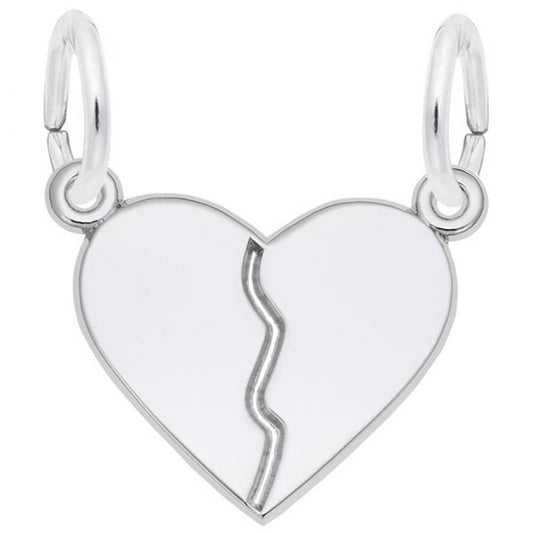 'Sterling silver break apart heart charm with a jagged split down the middle. Style 8357, 0.66 in x 0.6 in (16.76 mm x 15.28 mm).'