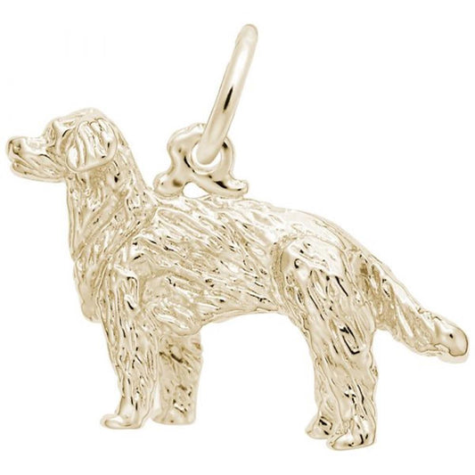 Introducing the Golden Retriever Dog Charm by Rembrandt Charms. This gold-plated sterling silver charm is intricately detailed to resemble a furry canine friend and features a loop at the top for easy attachment to a bracelet or necklace.