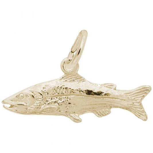 The Snook Fish Charm by Rembrandt Charms is made of gold-plated sterling silver and features a remarkably detailed fish with a slightly open mouth, fins, and tail. A small loop at the top of the charm allows for easy attachment to a bracelet or necklace.