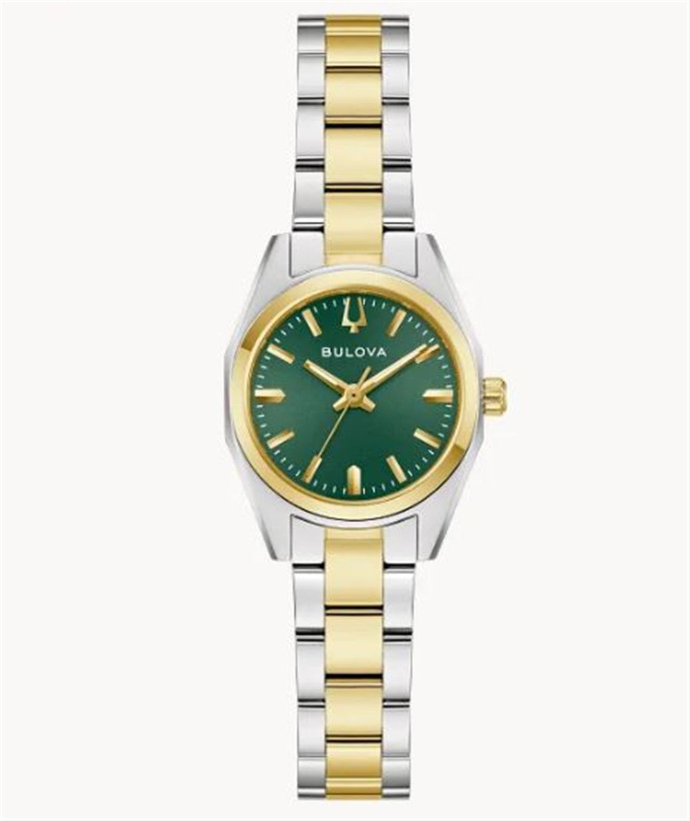 The Bulova Watch Company Surveyor 98L329 is a ladies' watch with a sleek, elegant design, featuring a green face, gold hands and hour markers, and a two-tone silver and gold metal band.