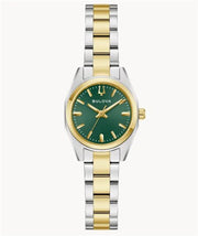 The Bulova Watch Company Surveyor 98L329 is a ladies' watch with a sleek, elegant design, featuring a green face, gold hands and hour markers, and a two-tone silver and gold metal band.