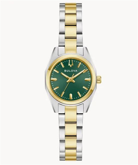 The Bulova Watch Company Surveyor 98L329 is a ladies' watch with a sleek, elegant design, featuring a green face, gold hands and hour markers, and a two-tone silver and gold metal band.