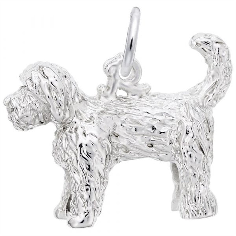 The Rembrandt Charms Labradoodle - Sterling Silver Charm showcases a dog-shaped design with textured Labradoodle-inspired fur, a curled tail, and a small loop on its back for attaching to a bracelet or necklace.