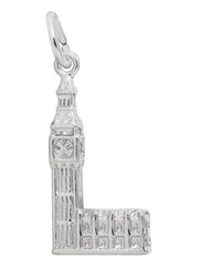 The Rembrandt Charms "Big Ben in Sterling Silver Charm" is a beautiful piece shaped like the iconic Big Ben clock tower, featuring detailed architectural elements and a small loop at the top for easy attachment to a bracelet or necklace. This exquisite charm pays homage to the famous London landmark.