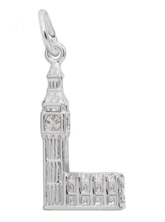 The Rembrandt Charms "Big Ben in Sterling Silver Charm" is a beautiful piece shaped like the iconic Big Ben clock tower, featuring detailed architectural elements and a small loop at the top for easy attachment to a bracelet or necklace. This exquisite charm pays homage to the famous London landmark.