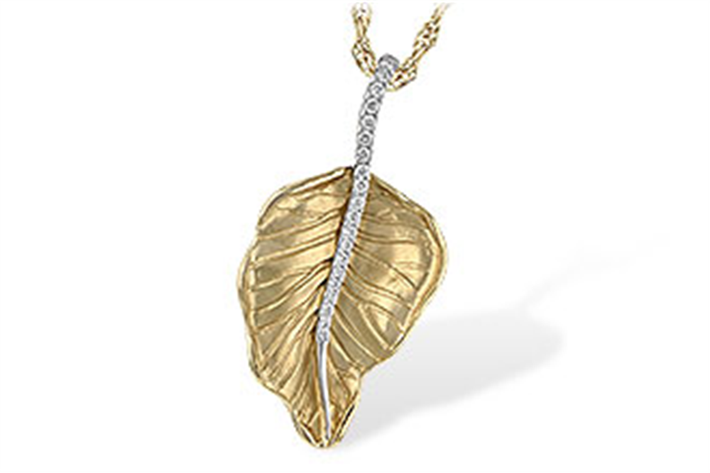 The Diamond 14k Yellow Gold Necklace by Allison Kaufman showcases a beautifully detailed textured leaf pendant crafted from 14k yellow gold. Its center is elegantly adorned with a silver stem, set with small stones that add a dazzling sparkle similar to that of a diamond necklace. The pendant gracefully dangles from the accompanying gold chain, casting delicate shadows below.