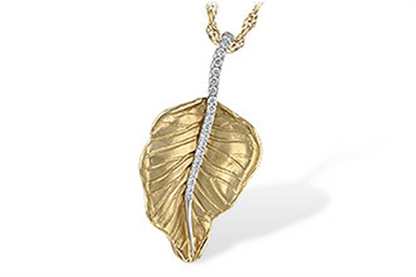 The Diamond 14k Yellow Gold Necklace by Allison Kaufman showcases a beautifully detailed textured leaf pendant crafted from 14k yellow gold. Its center is elegantly adorned with a silver stem, set with small stones that add a dazzling sparkle similar to that of a diamond necklace. The pendant gracefully dangles from the accompanying gold chain, casting delicate shadows below.